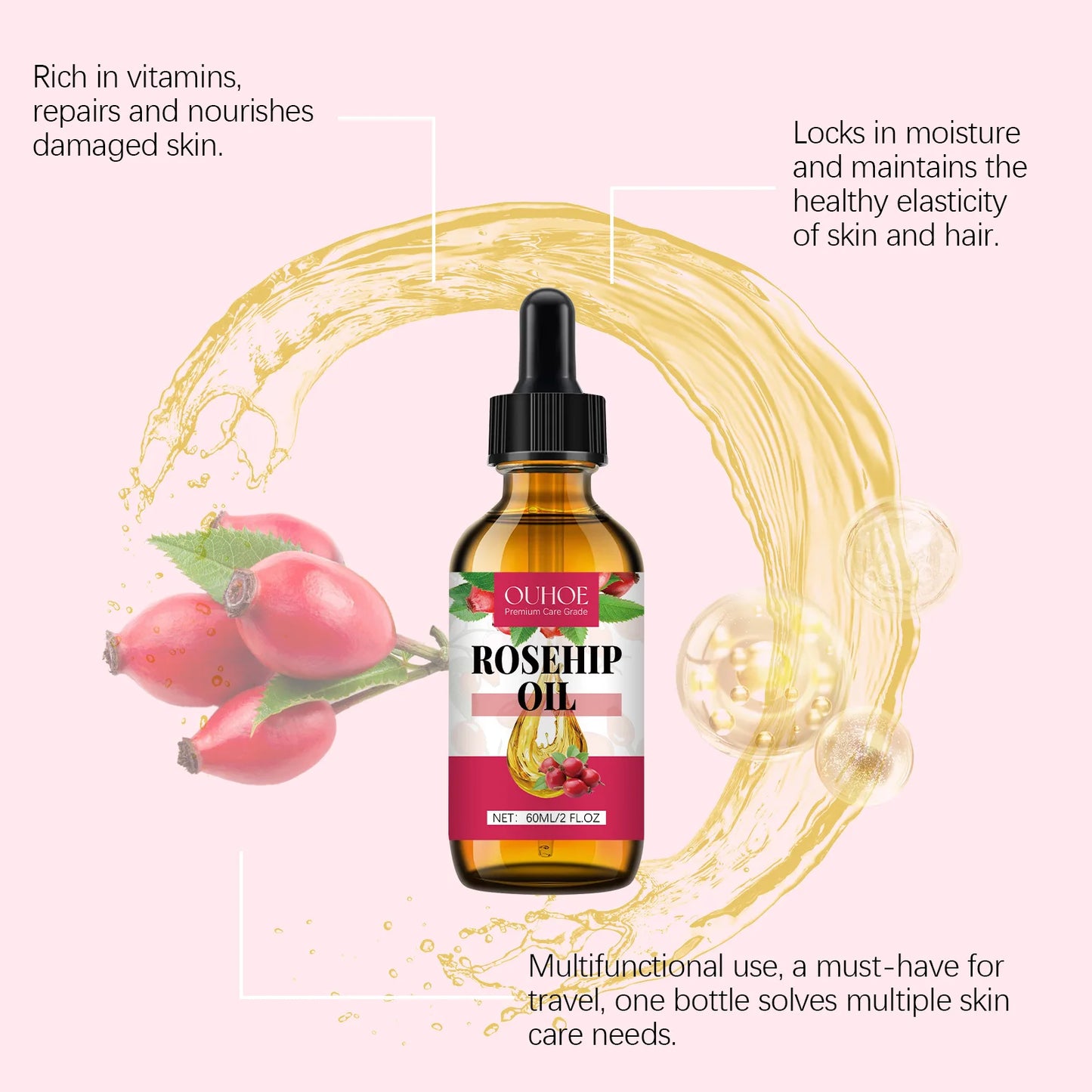 Organic Rosehip Oil Antioxidant Improve Fine Lines Wrinkles Firming Lifting Repair Moisturizer Nourish Smooth Hair Skin Care Oil